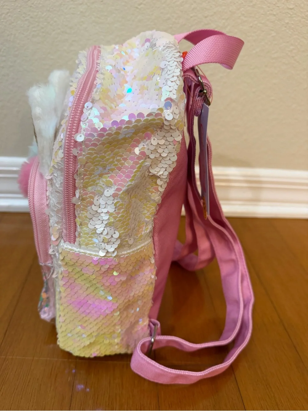 Cat & Jack Pink Iridescent Sequin Llama Backpack with Gold Accents